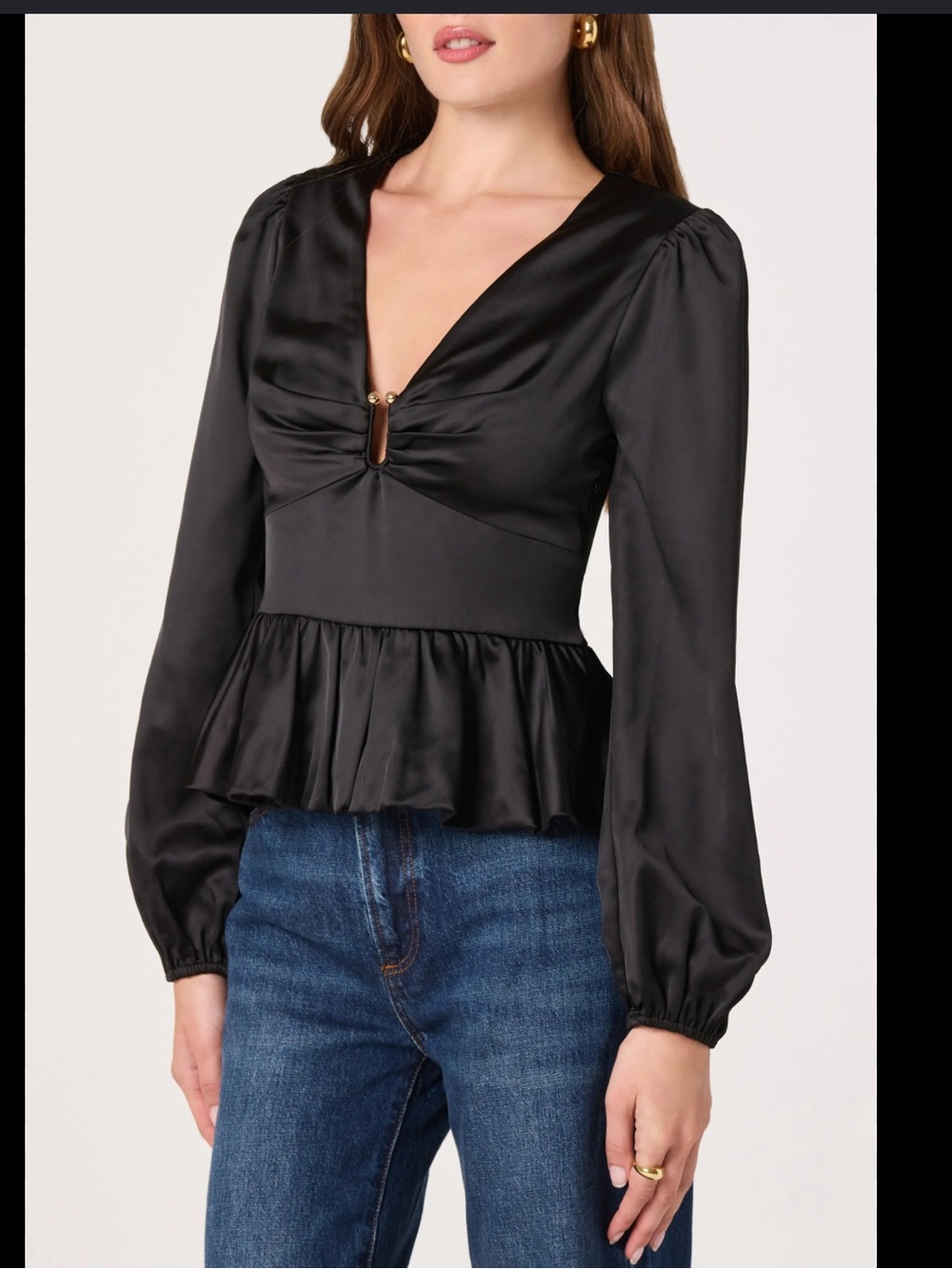 NWT Astr Black Satin Peplum Blouse with V-Neck